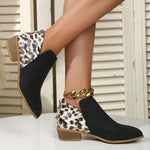Suede leopard print paneled back zip booties