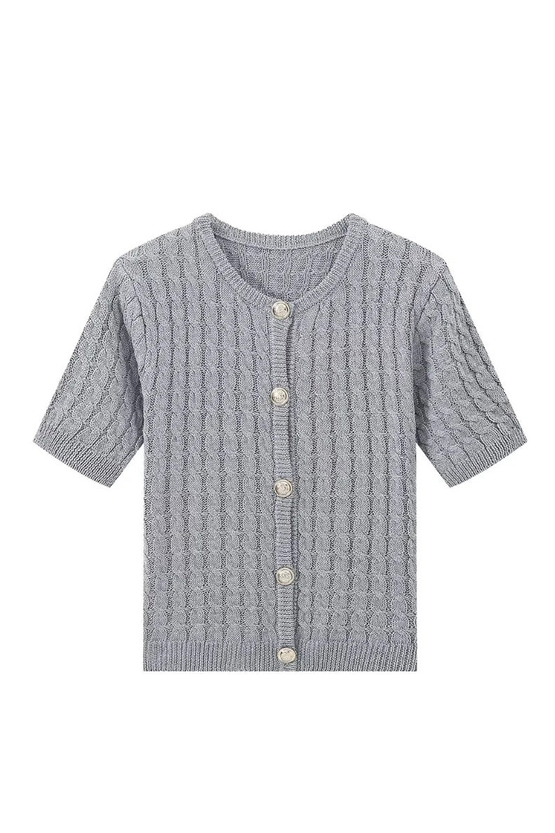 Slim-fit round neck knit short-sleeved cardigan