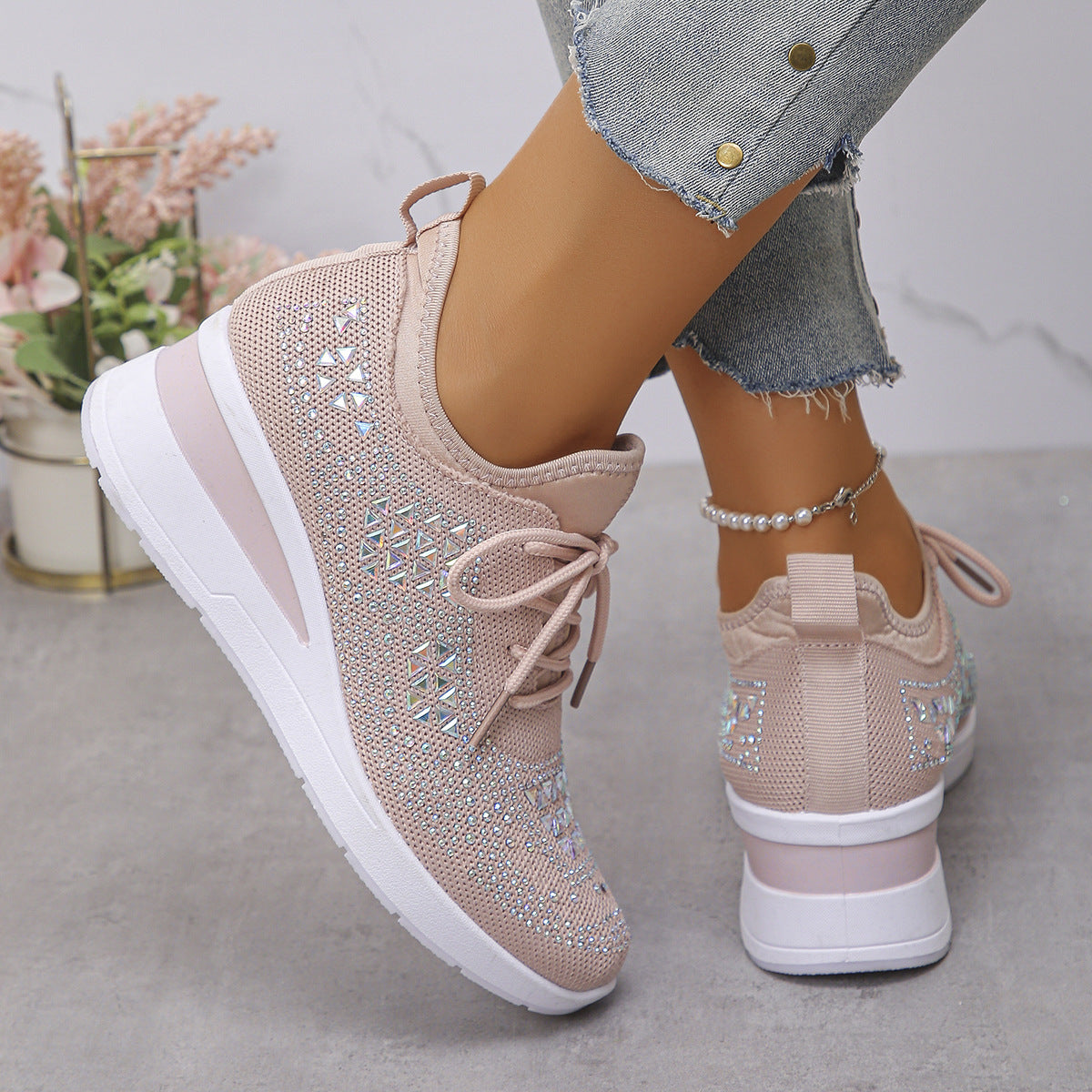 Rhinestones Woven Upper Hidden Heel lightweight walking shoes