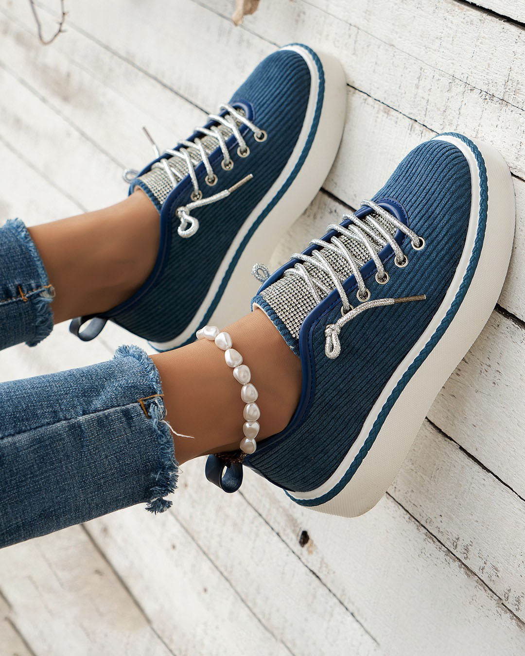 Shimmering Silver Lace-up Tongue Textile Athletic Shoes