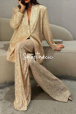 Sequined V-neck loose-fitting suit jacket and wide-leg pants set