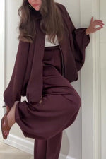 Lantern-sleeve zipper jacket and elastic waistband wide-leg pants two-piece set