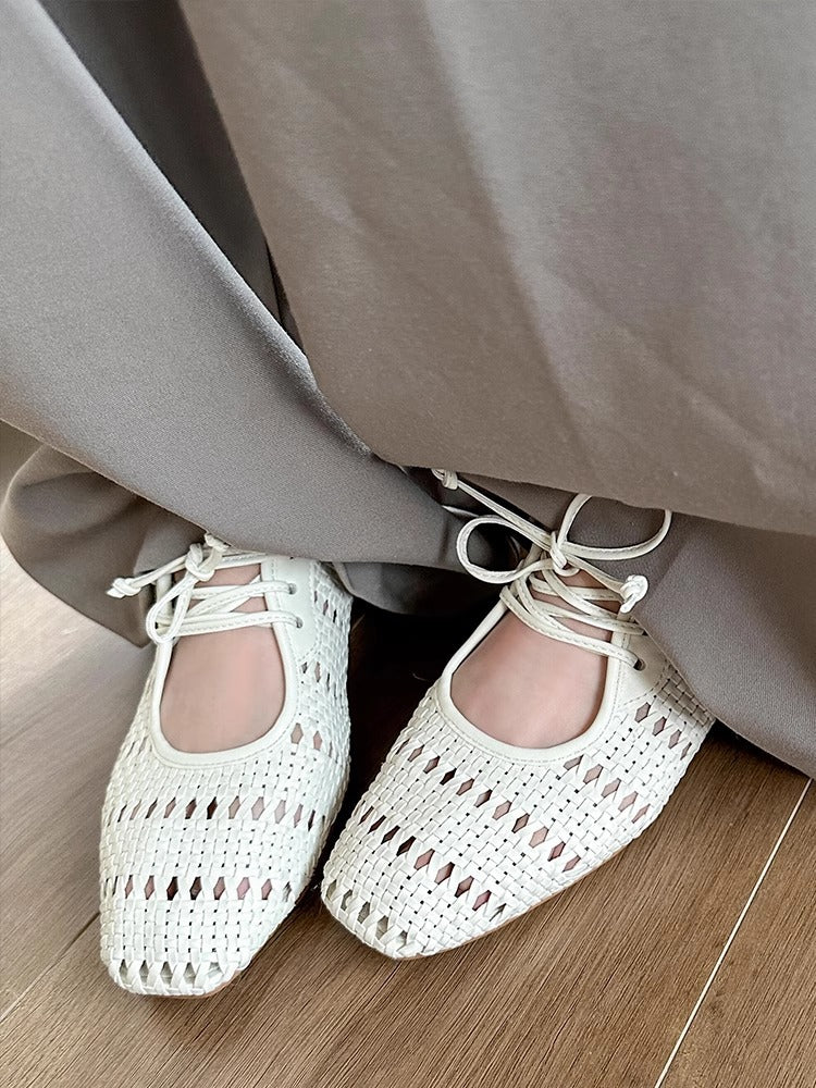 Chaussures Mary Jane vintage tissées à lacets creux et bout carré à talon épais