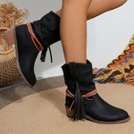 Bottes mi-mollet à pampilles plissées et talon épais