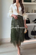 Tassel cuffs Shirt and sequined tassel skirt Two-piece set