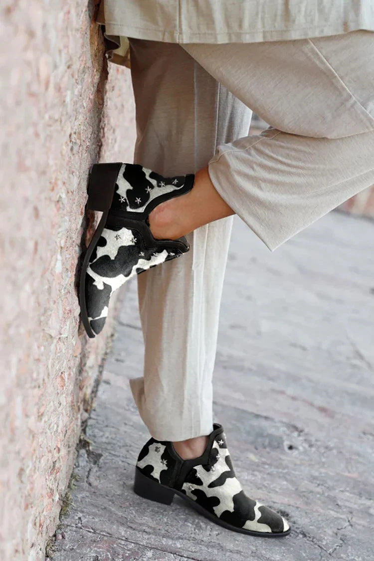 Metal five-star embellished low-heeled ankle boots