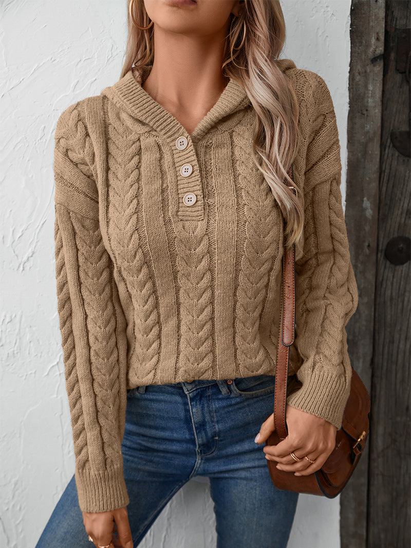 Thick buttoned twist hooded sweater