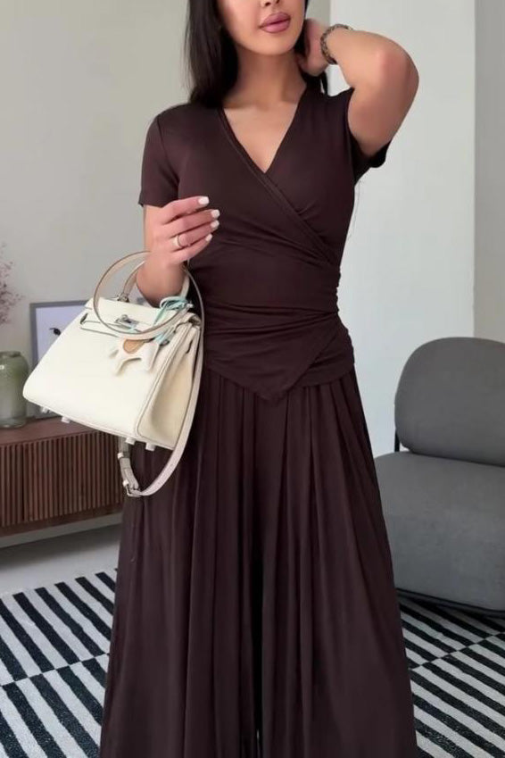 Tie-strap short-sleeved top and wide-leg pants two-piece suit