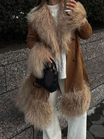 Brown plush shearling collar and sleeves Mid-length coat
