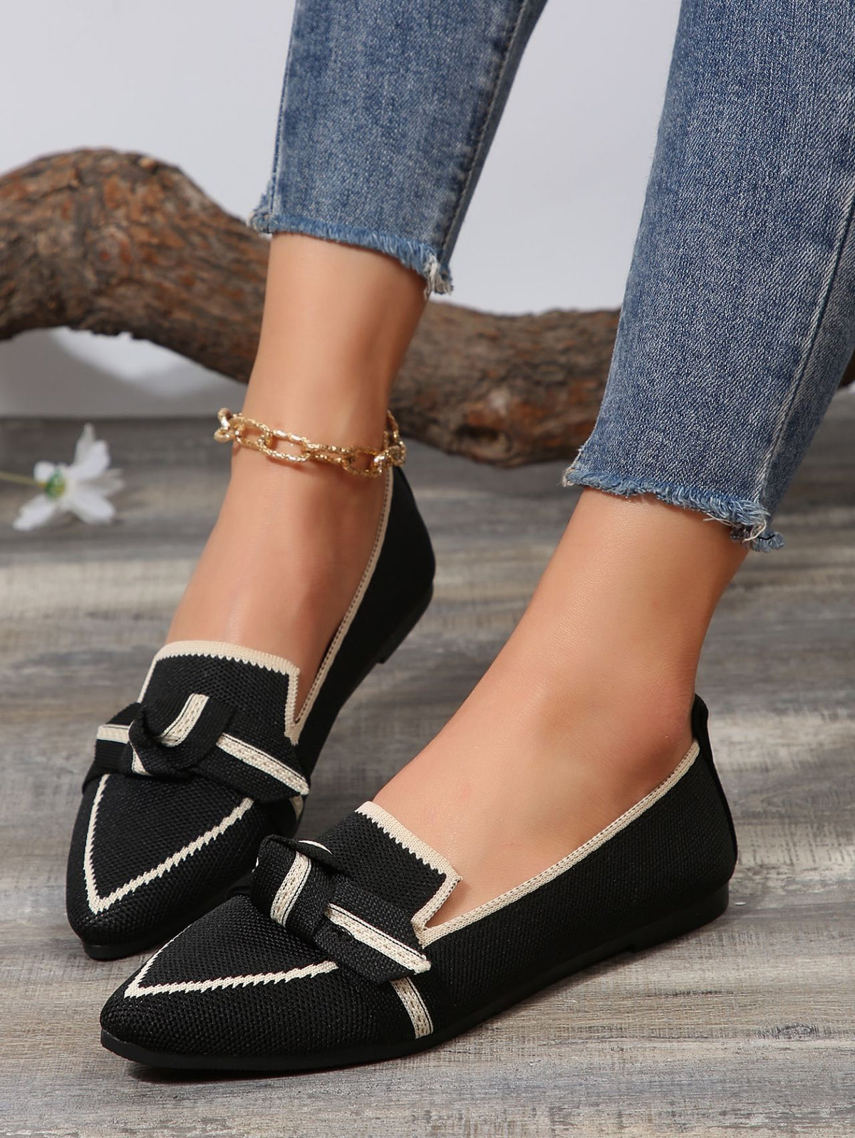 Slip-ons plats respirants à bout pointu avec nœud Flyknit