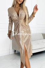 Elegant long-sleeved V-neck pleated sequined slit dress
