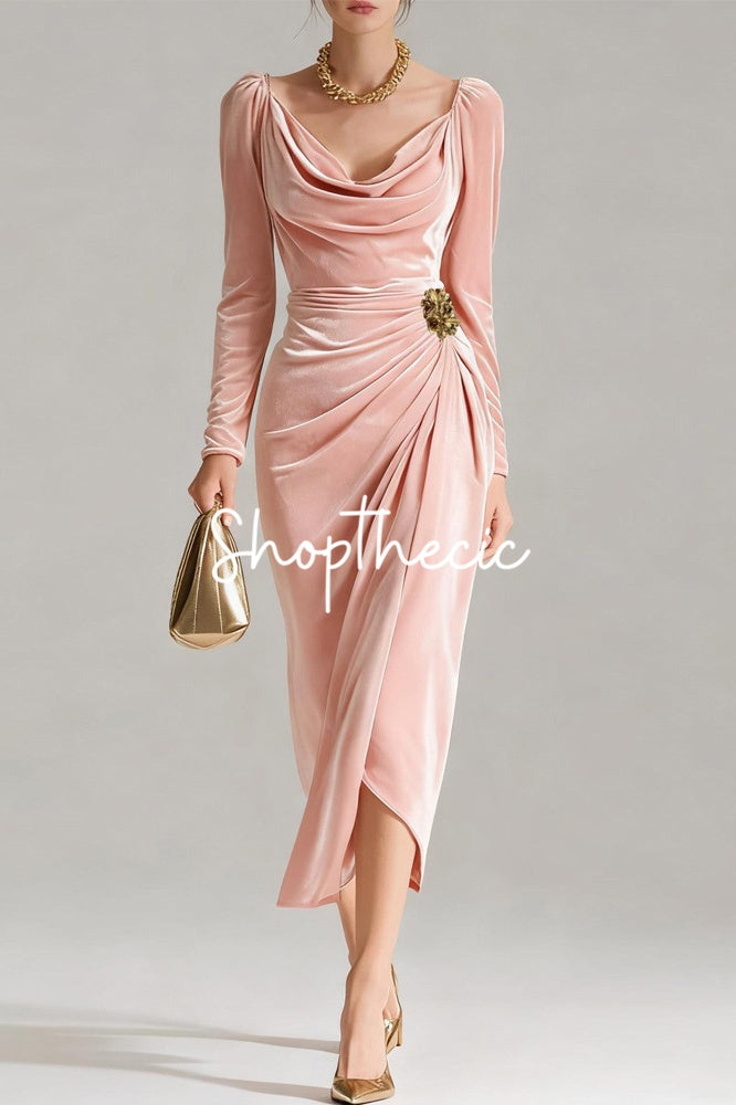 Retro long-sleeved pleated velvet slits midi dress