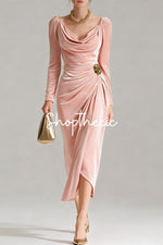 Retro long-sleeved pleated velvet slits midi dress