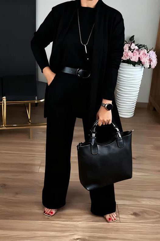 Solid color crew neck short-sleeved shirt, trousers and mid-length coat three-piece set