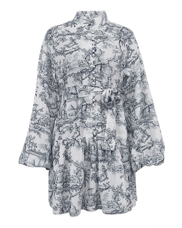 Retro A-Linien-Kleid mit Puffärmeln, Stehkragen und Schnürung