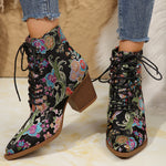 Retro ethnic style pointed toe thick heel lace-up embroidered Martin boots