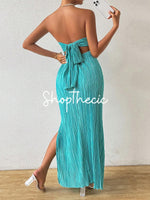 Strapless pleated fitted bow slit maxi dress