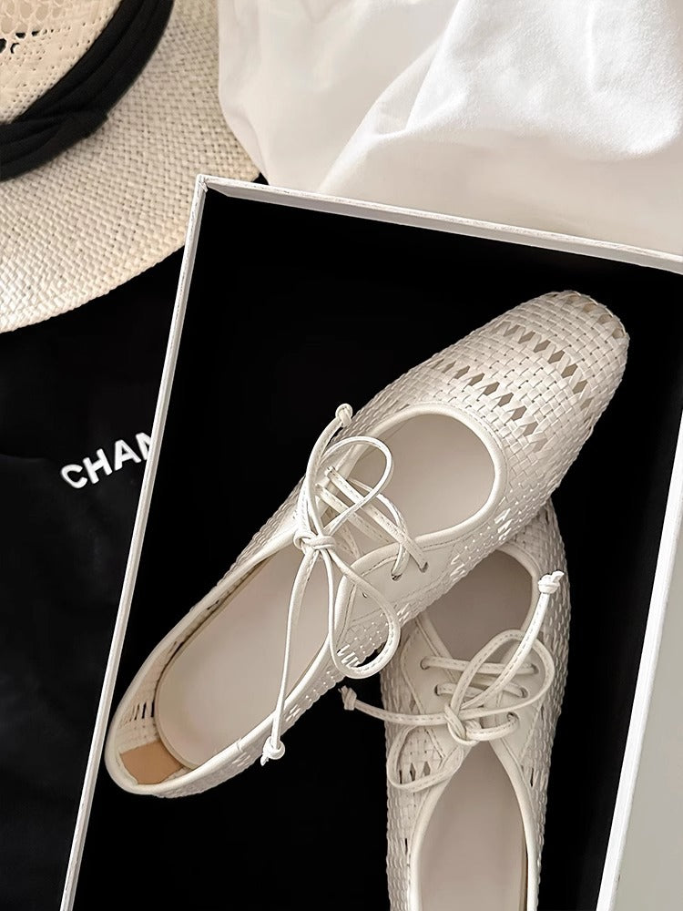 Chaussures Mary Jane vintage tissées à lacets creux et bout carré à talon épais