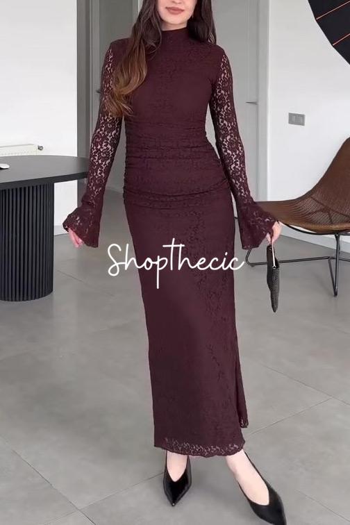 Opulenza misurata Abito da sera aderente con maniche lunghe e bordi in pizzo