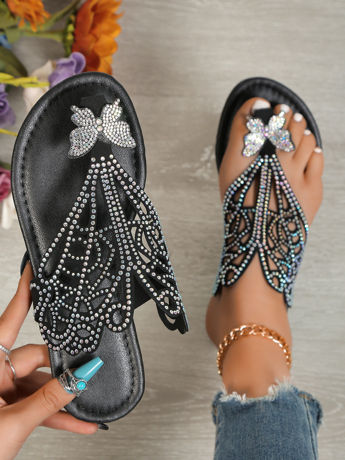 Rhinestone & Butterfly Decor Slide Clip Toe Flat Sandals