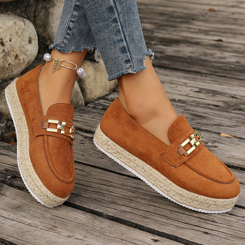 Velvet Thick Straw Bottom Flat Shoes