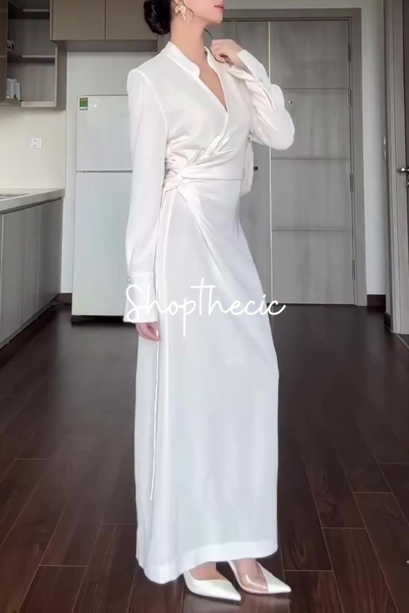 V-neck slim-fit solid color high-waisted shirt dress