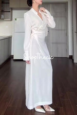 V-neck slim-fit solid color high-waisted shirt dress