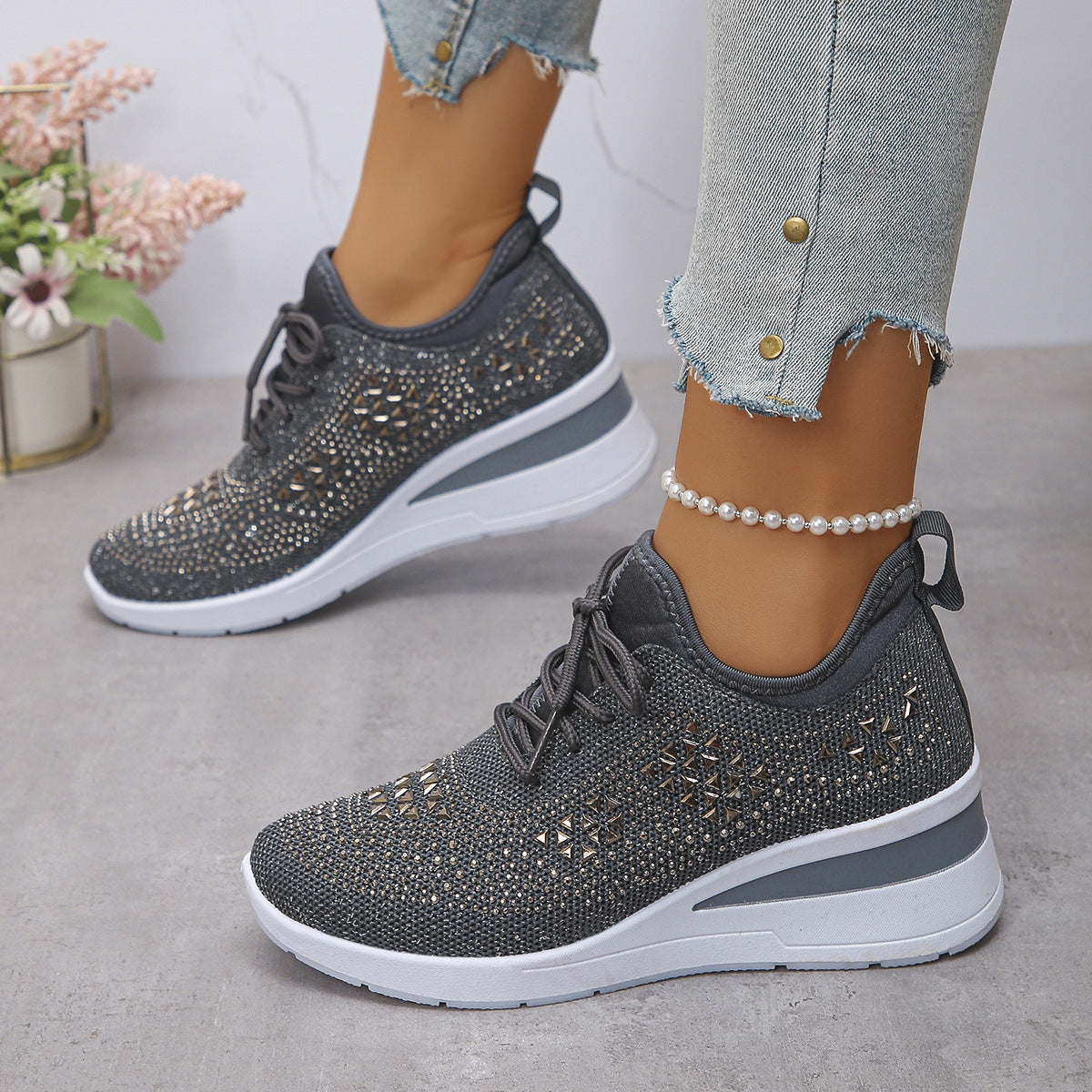 Rhinestones Woven Upper Hidden Heel lightweight walking shoes