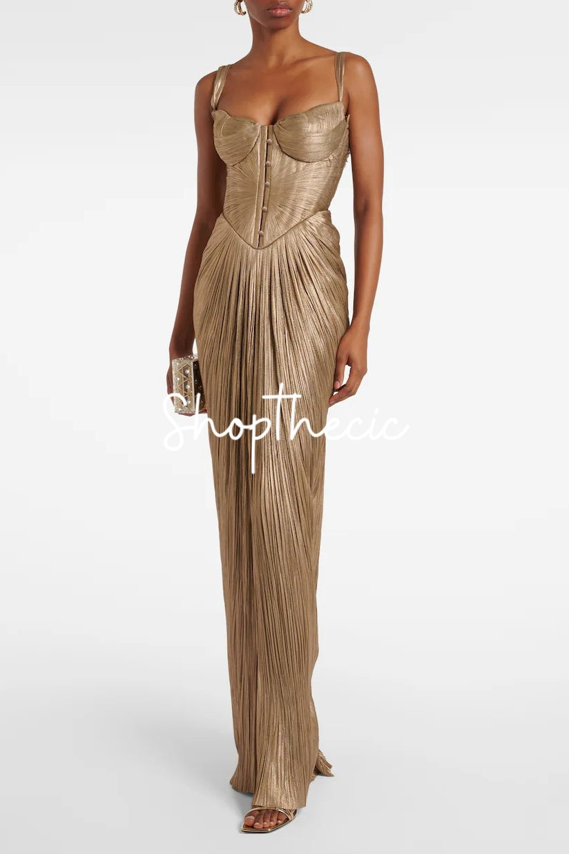 Luxurious pleated gold-stamped slip maxi dress