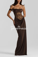 One-shoulder lace-trimmed fitted maxi dress