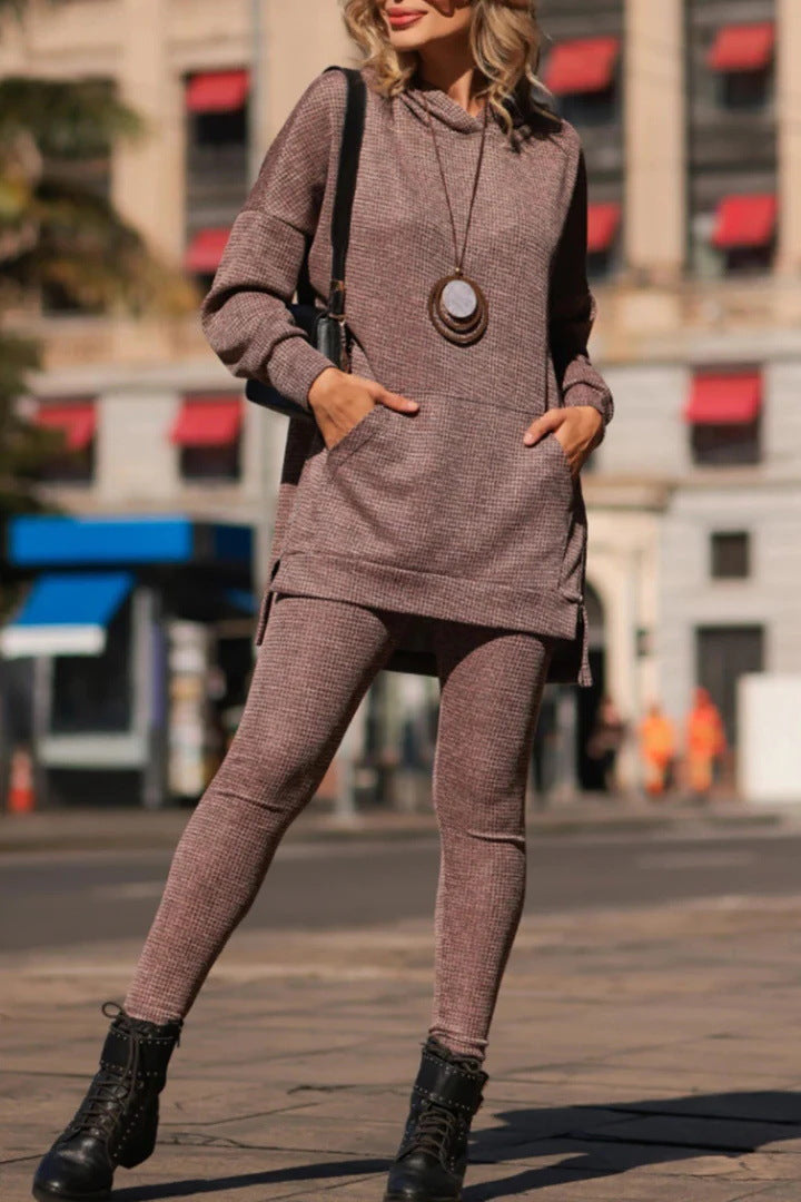 Solid Color Kangaroo Pocket Hooded Sweatshirt and Skinny Sweatpants Two-Piece Set