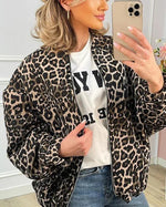 Leopard print cropped loose zip-up jacket