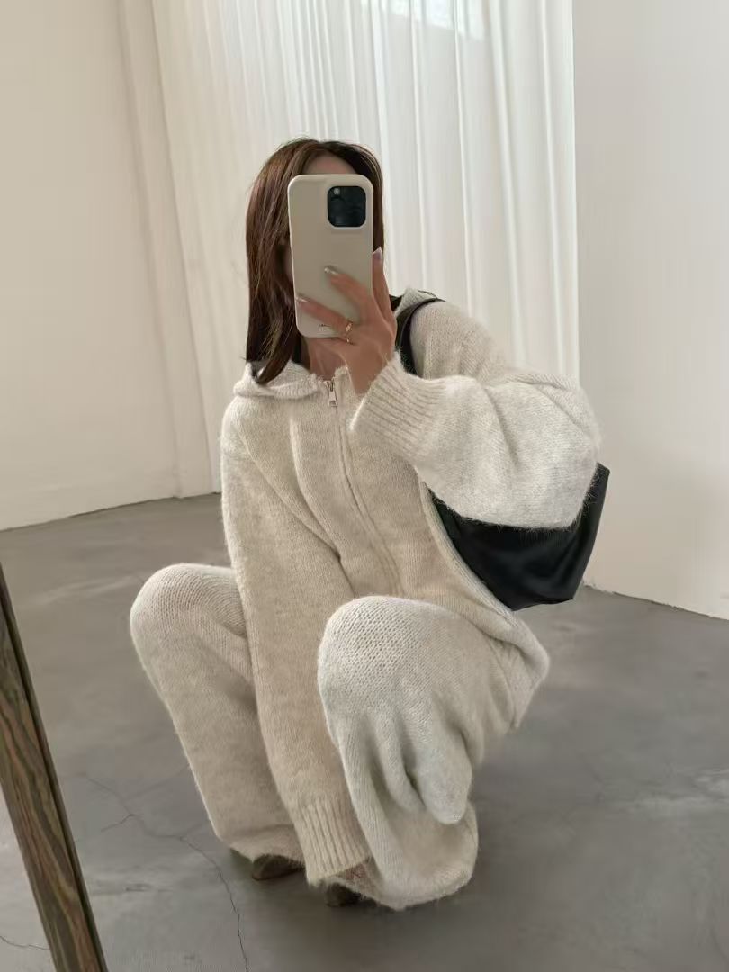 Loose Thickened Knit Hooded Zipper Cardigan Wide-Leg Pants Two-Piece Set