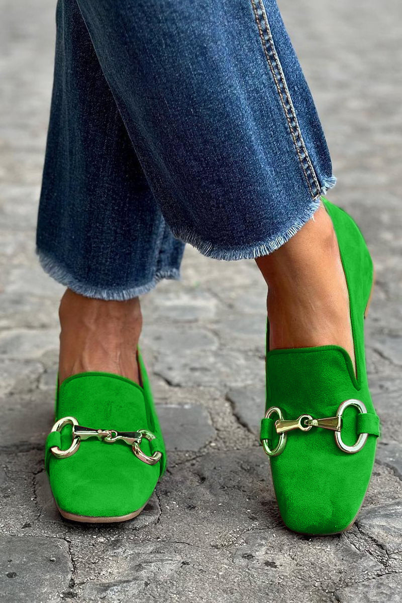 Soft suede metal buckle round toe loafers