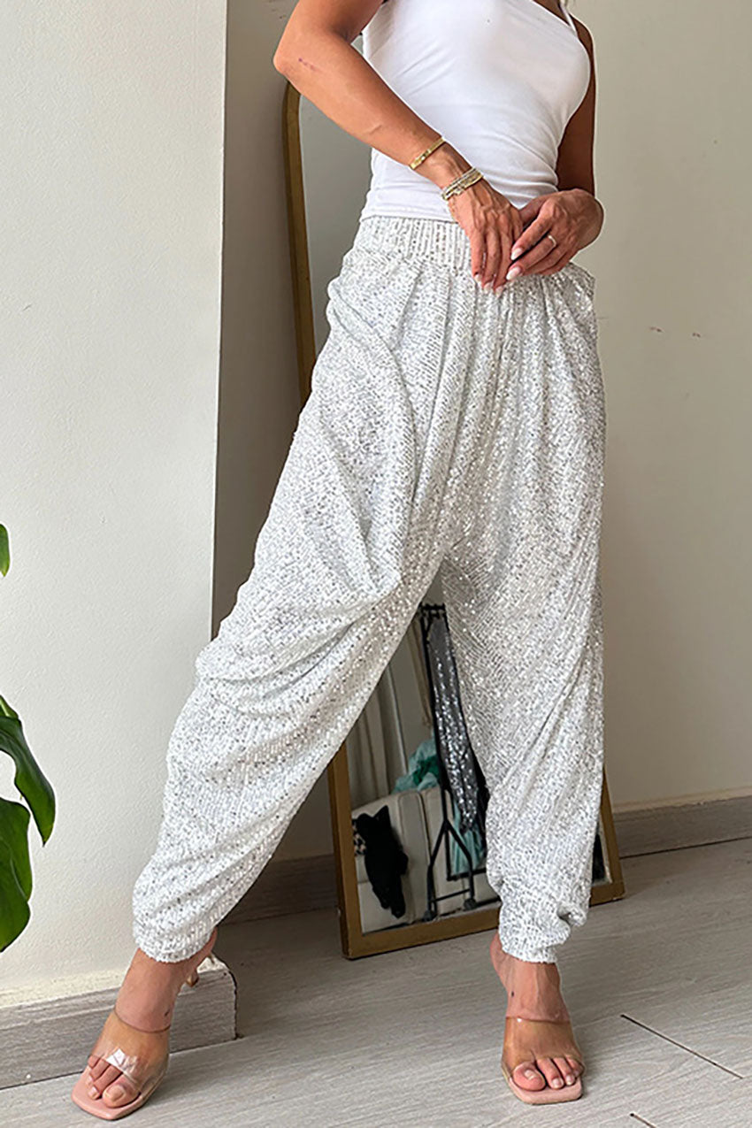 Elastic Waist Loose Fit Sequin Lantern Pants