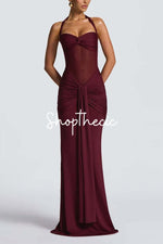 Halter-neck tie-up mesh spliced ribbon maxi dress