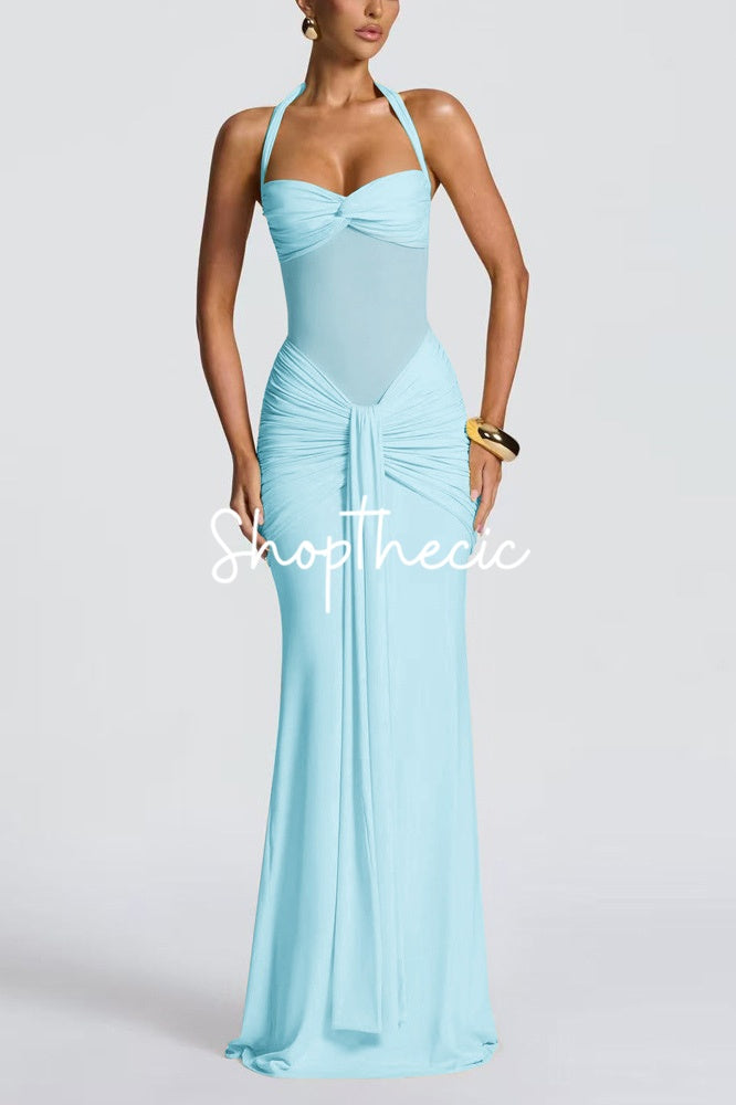 Halter-neck tie-up mesh spliced ribbon maxi dress