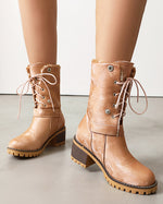 Two-way lace-up thick-heeled warm furry low boots