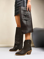 Pointed toe chunky heel belt buckle Boots with detachable gaiters / Gaiter boots