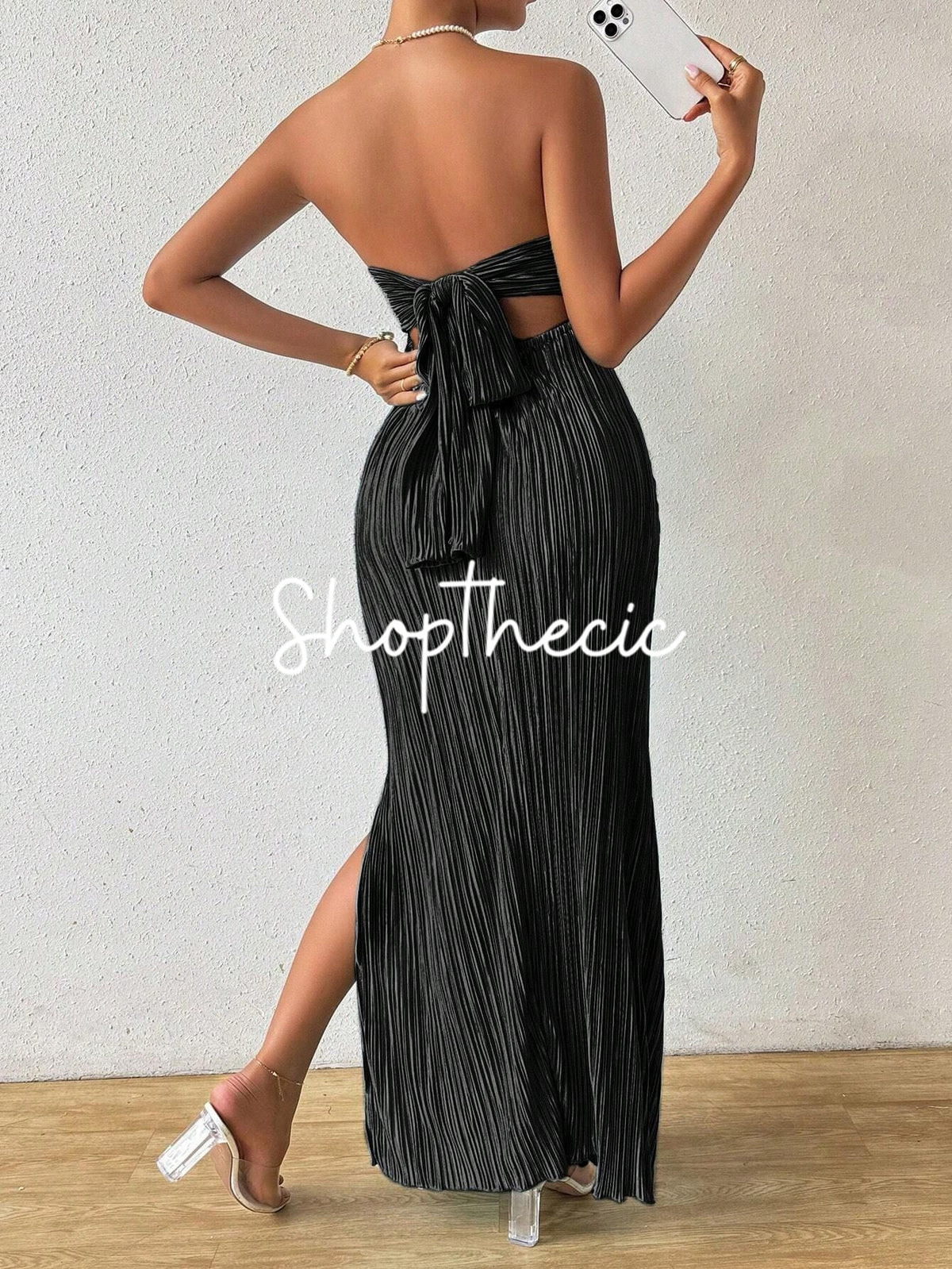 Strapless pleated fitted bow slit maxi dress