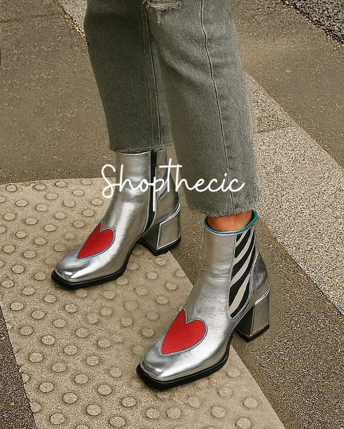 Square-toe side zipper red heart-patterned chunky heeled ankle boots