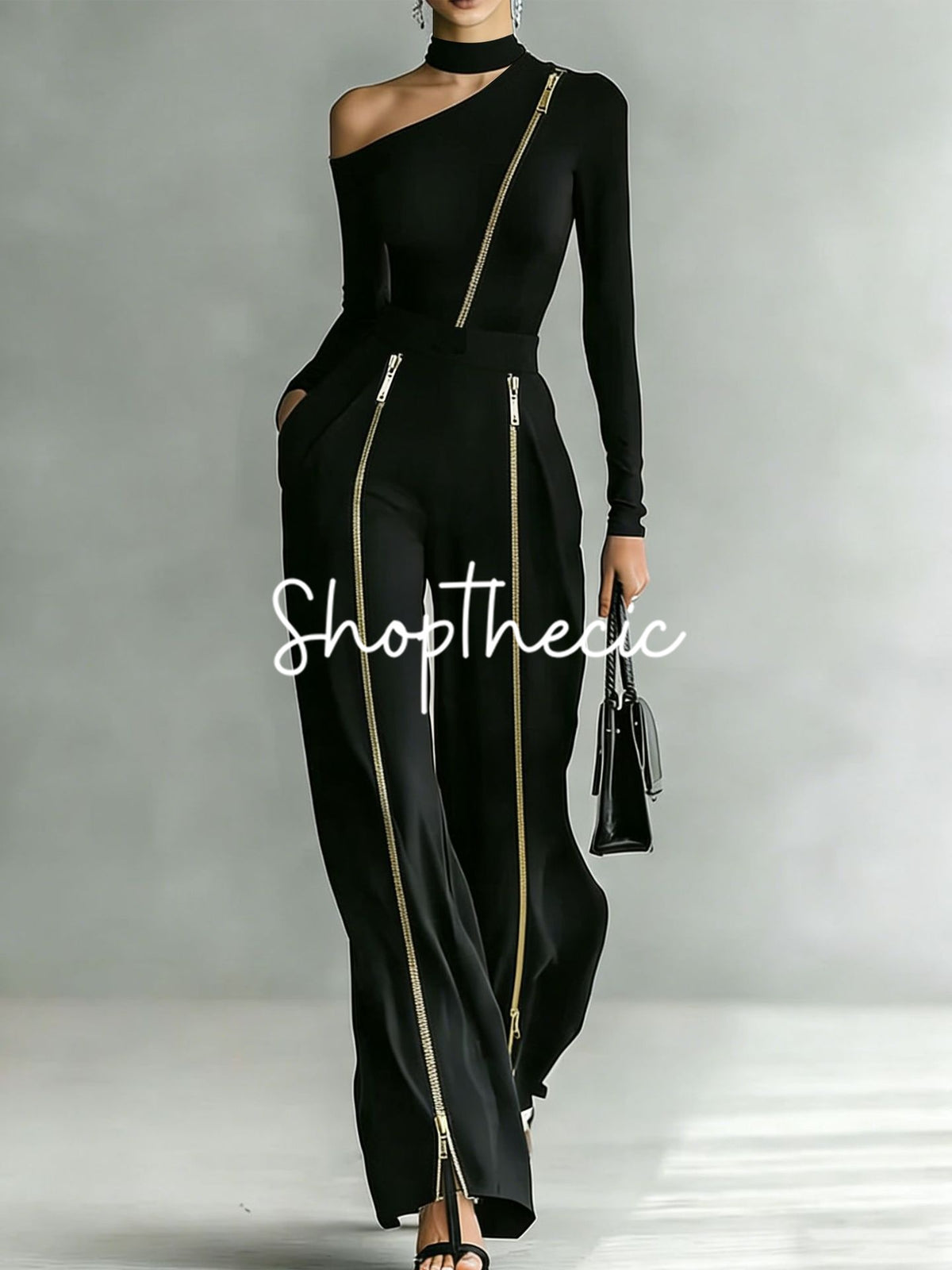 Elegant stand-up collar fitted knitwear double zipper wide-leg pants set