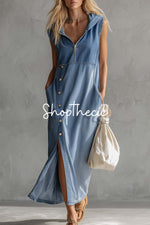 Minimalism Hooded Denim Sleeveless Maxi Dress