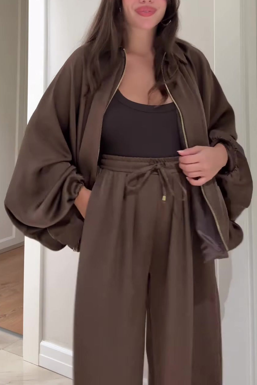 Lantern-sleeve zipper jacket and elastic waistband wide-leg pants two-piece set