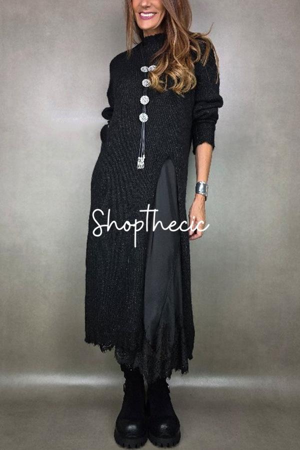 Abito in finto maglione a due pezzi con orlo spaccato e maniche lunghe