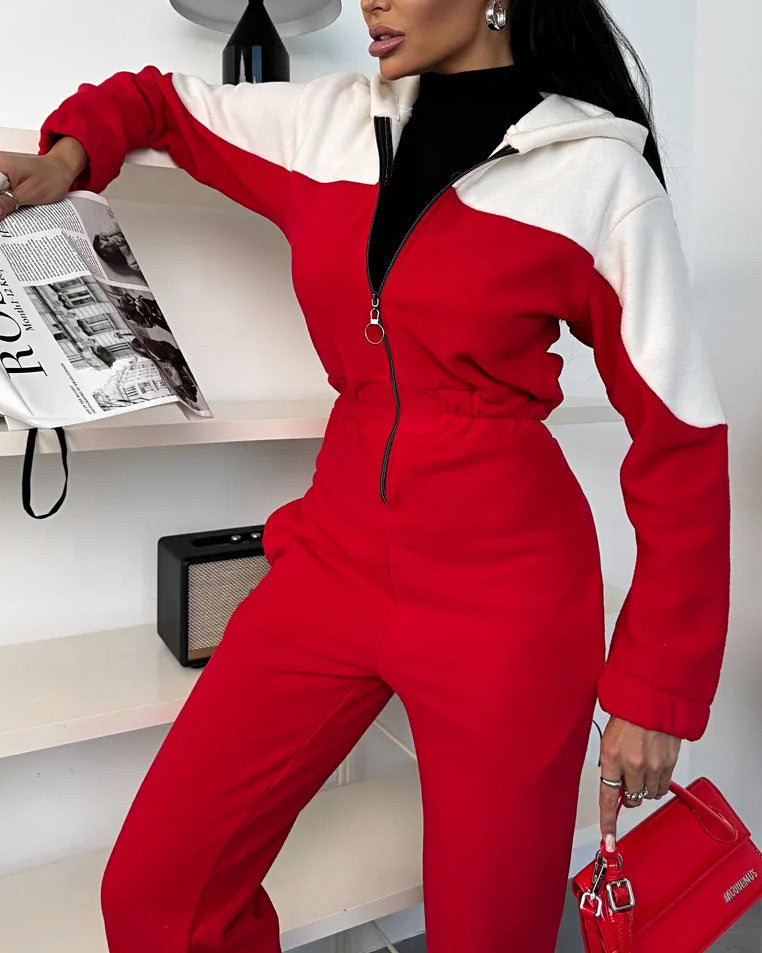 Color-blocked zipper fleece long-sleeved hooded jumpsuit