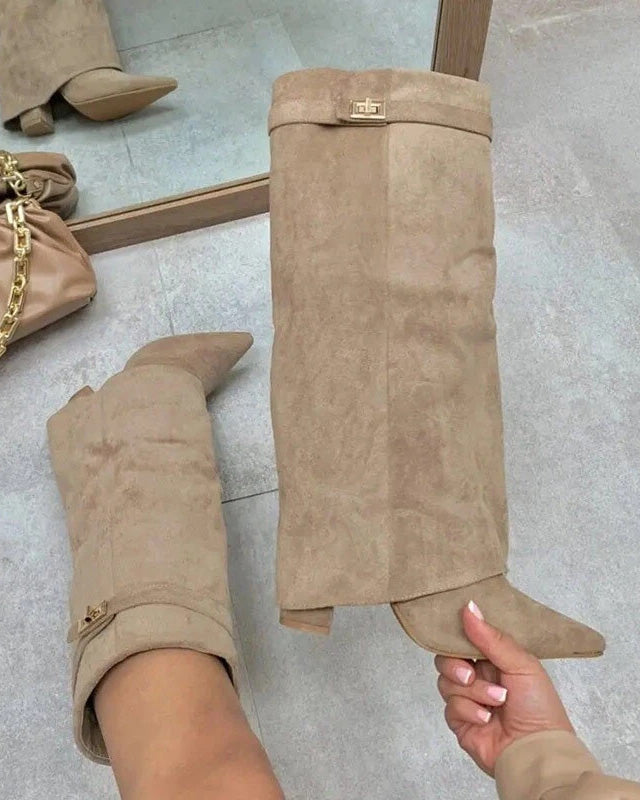 Pointed toe block heel wide circumference metal buckle mid-calf wide-leg slouch boots