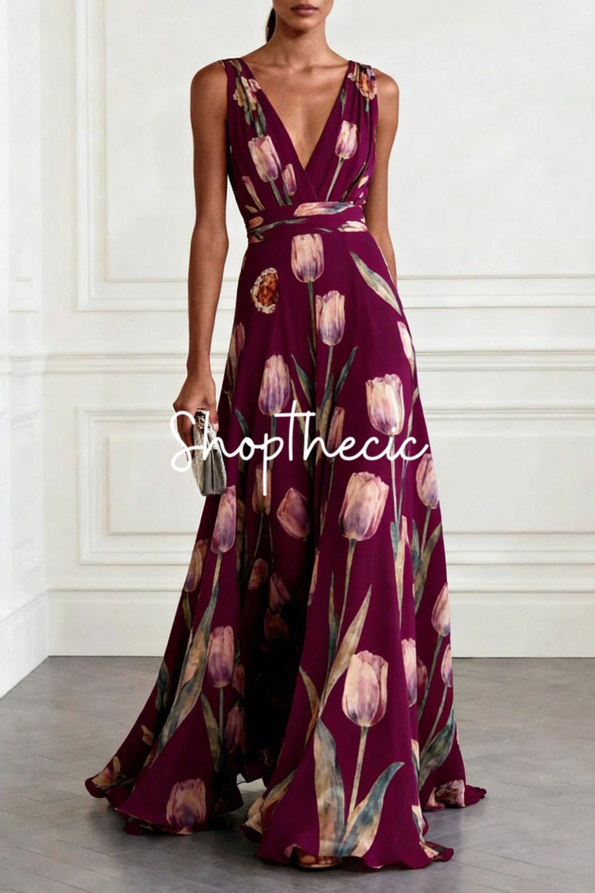 Tulip Print Sleeveless V-Neck Chiffon Maxi Dress