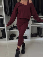 Solid Color V-Neck Long Sleeve Sweatshirt Suspender Slim Maxi Dress Two Piece Set