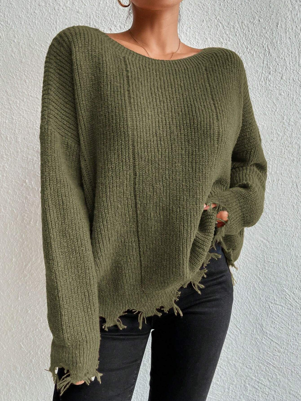 Solid color round neck ripped design loose knit sweater